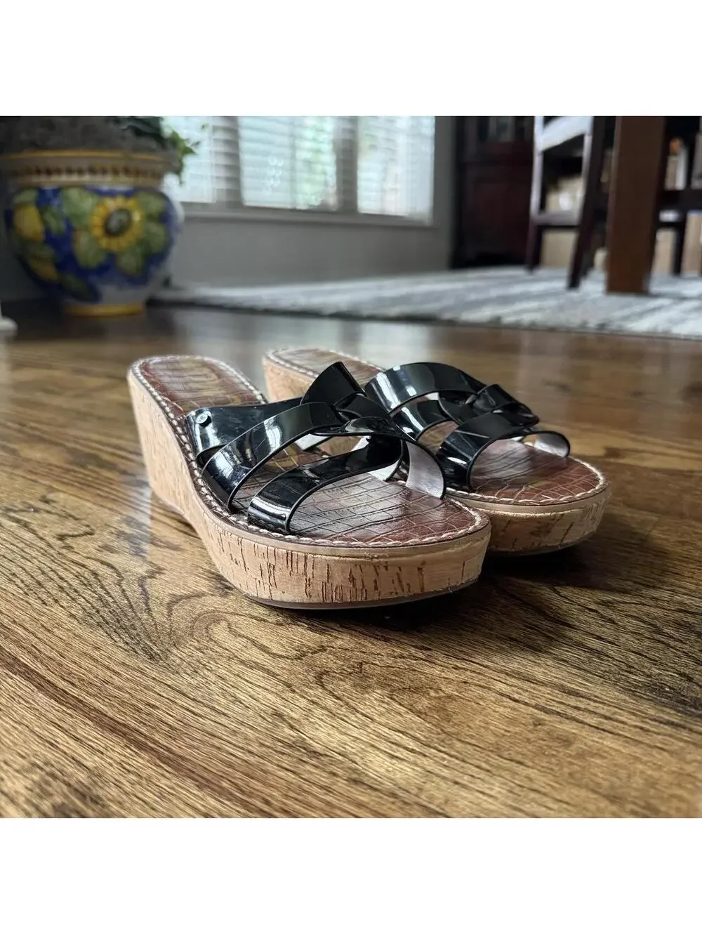 🖤 Sam Edelman Regis Black Patent Cork Wedge Sandals Size 9